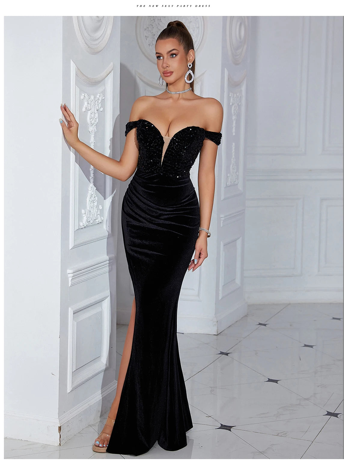 Adyce Evening Maxi Long Dress For Women Elegant Off Shoulder V Neck Sexy High Split Club Party Celebrity Evening Sequins Vestido