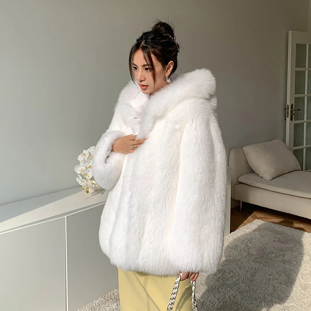 Women Fashion Natural Fox Fur Jacket with Hood Mid-length White Long Sleeve Genuine Fox Fur Coat Luxury Woman Fur Overcoats