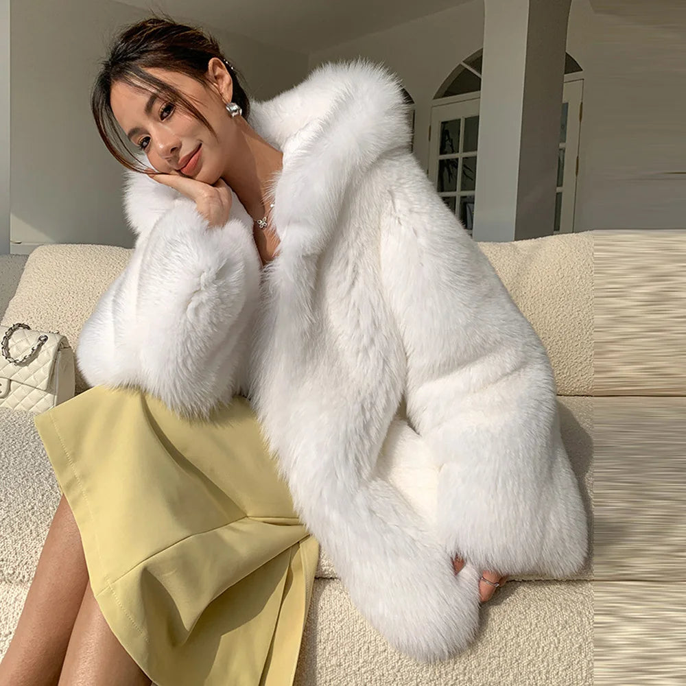 Women Fashion Natural Fox Fur Jacket with Hood Mid-length White Long Sleeve Genuine Fox Fur Coat Luxury Woman Fur Overcoats