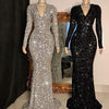 Shinny Silver Black Sequins Mermaid Prom dress 2021Full Sleeves V Neck Back Zipper Floor Length Evening Gowns Customize robes de