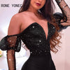 Women Sexy Deep V Neck Off Shoulder Lantern Sleeves Rhinestone Mini Bodycon Party Black Dresses