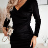 Women Sexy Mini Dress 2021 Spring Autumn Split Sheath Solid Folds Dress Lady Black Plus Size Tunic V-Neck Bodycon Dress Vestido