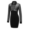 Sexy Bodycon Hollow Out Mini Dress Women Ladies Black Long  Sleeve Halter Studded Mesh Insert Keyhole Dress Evening Party Dress