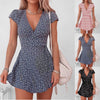 New In Floral Print Wrap Summer Dress Women 2025 Sundress Short Sleeve Sexy V Neck High Waist Slim Fit Short Mini Dresses Femme