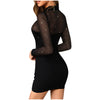 Sexy Bodycon Hollow Out Mini Dress Women Ladies Black Long  Sleeve Halter Studded Mesh Insert Keyhole Dress Evening Party Dress