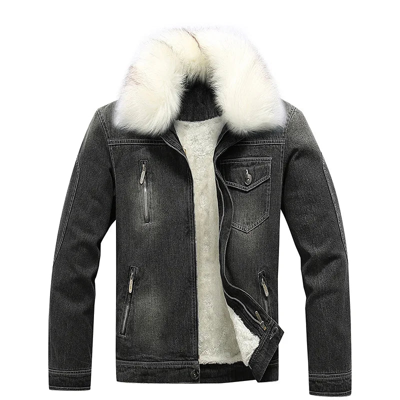 Men's Winter Jean Jacket Man's Outerwear Warm Denim Coat Mens Plus Size Thicker Fleece Lining Fur Collar Jacket for Couple MY211