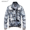 ABOORUN Men's Fashion Snowflake Printed Denim Jacket Blue Stretch Slim fit Jean Coat Streetwear for Youth