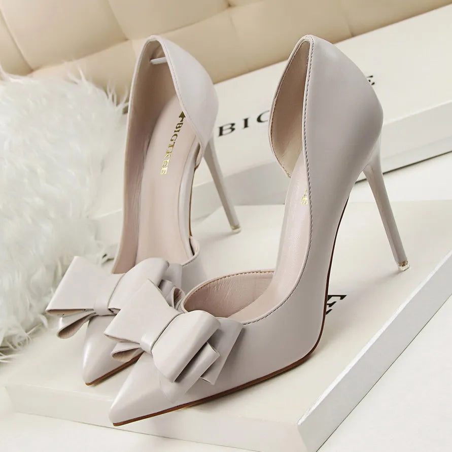 Korean Fashion Women's Shoes Wedding Bow High Heels Stiletto Heels Shallow Pointed Head Side Empty Thin Shoes