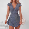 New In Floral Print Wrap Summer Dress Women 2025 Sundress Short Sleeve Sexy V Neck High Waist Slim Fit Short Mini Dresses Femme