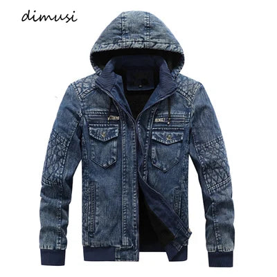 DIMUSI Men’s Denim Jacket Trendy Fashion Male Denim Jean Hoodies Casual Male Fleece Warm Windbreaker Cowboy Coats Mens Clothing