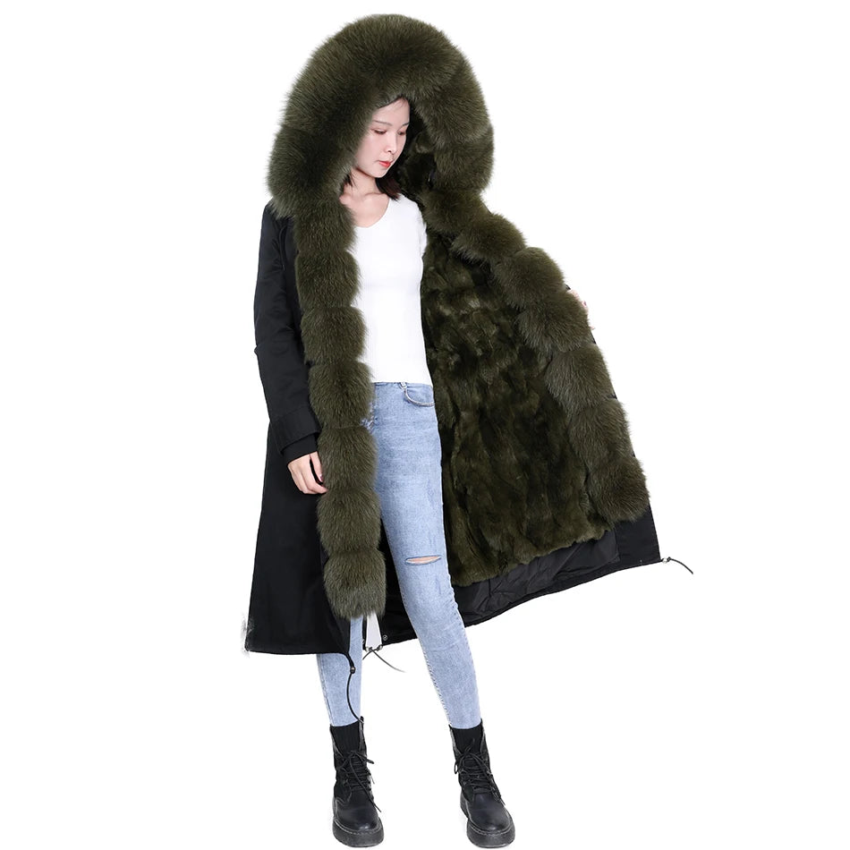 Maomaokong Women coat parkas natural Fox fur collar real Fur coat X-Long jacket Rabbit fur lining winter coats 2021