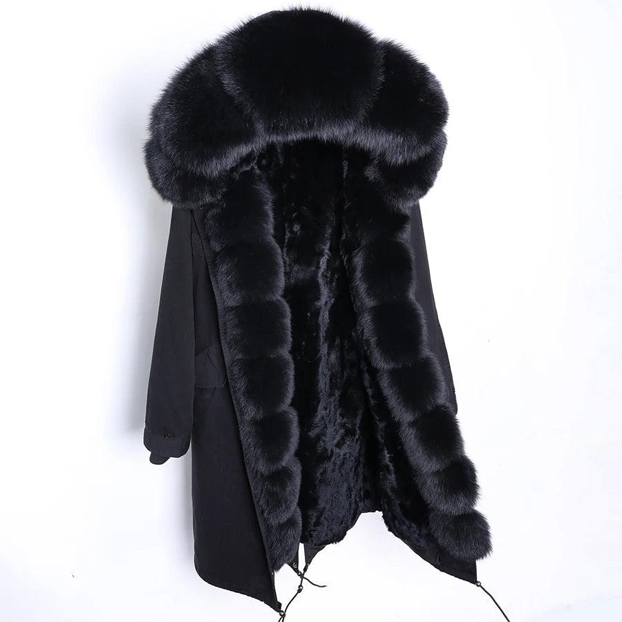 Maomaokong Women coat parkas natural Fox fur collar real Fur coat X-Long jacket Rabbit fur lining winter coats 2021