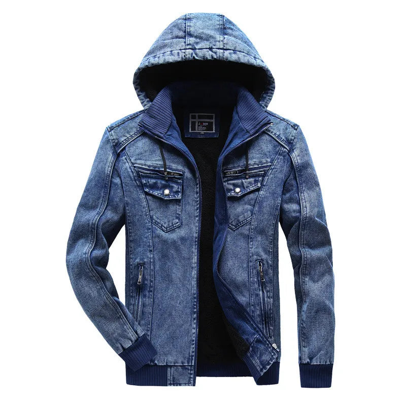 ABOORUN Men's Winter Denim Jackets Blue Fleece Hooded Jeans Jacket Brand Casual Cotton Coat for Male