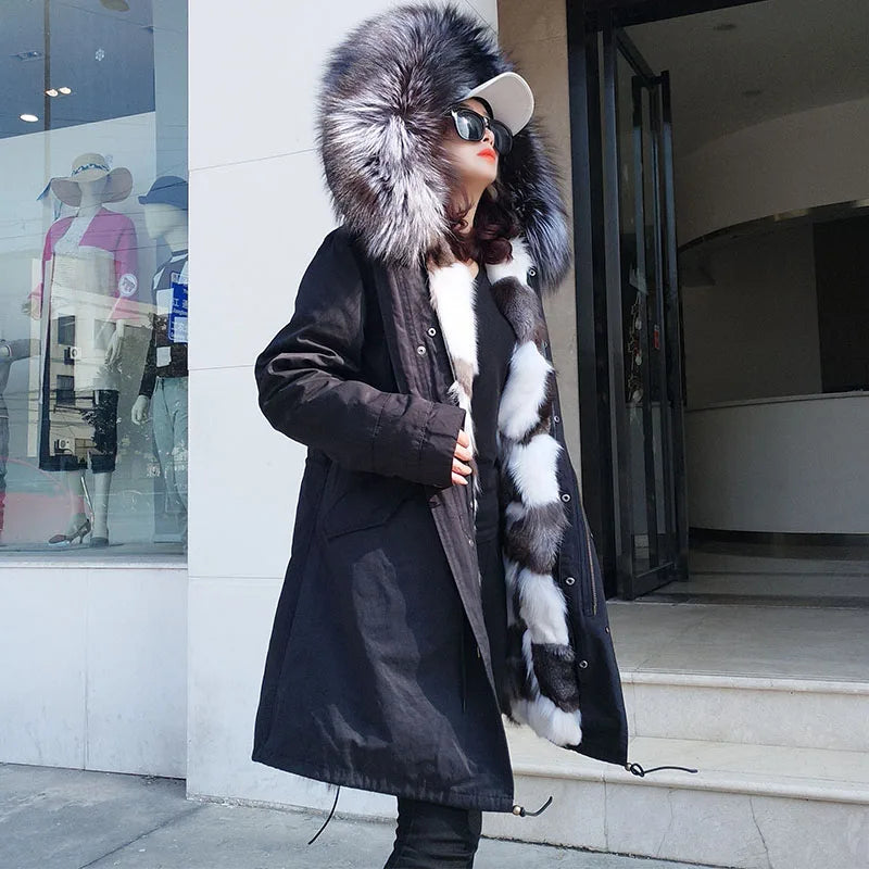 new raccoon fur collar Midlength Removable fox fur lining Send to overcome female Overcoat Ladies jacket Women's jacket