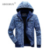 ABOORUN Men's Winter Denim Jackets Blue Fleece Hooded Jeans Jacket Brand Casual Cotton Coat for Male