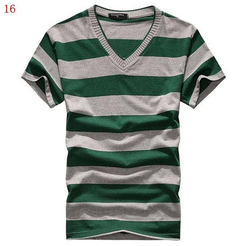 Male V-neck Tees Tops Men's Short Sleeve Tshirt Man Cotton Striped T Shirts Mens Clothing Multi Size