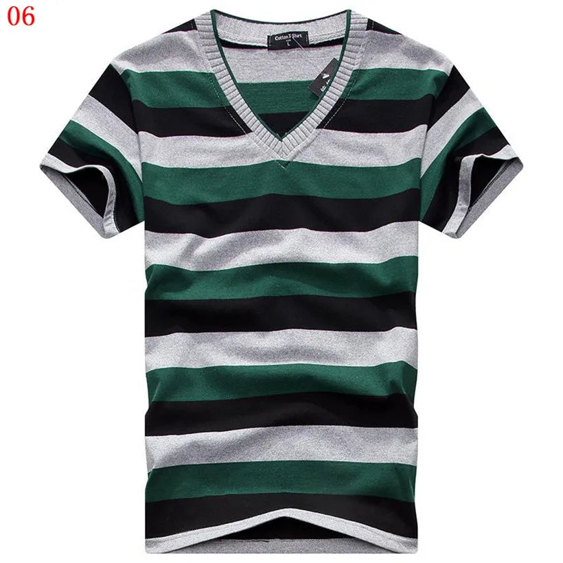 Male V-neck Tees Tops Men's Short Sleeve Tshirt Man Cotton Striped T Shirts Mens Clothing Multi Size