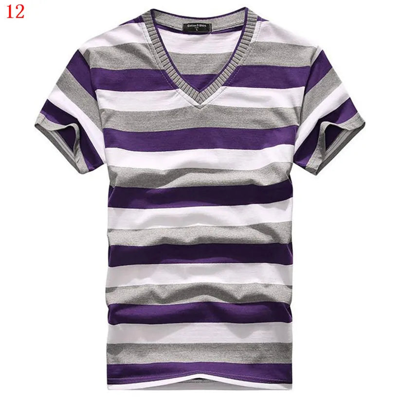 Male V-neck Tees Tops Men's Short Sleeve Tshirt Man Cotton Striped T Shirts Mens Clothing Multi Size