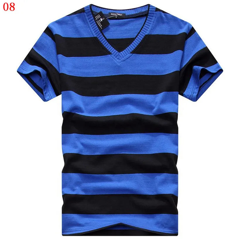 Male V-neck Tees Tops Men's Short Sleeve Tshirt Man Cotton Striped T Shirts Mens Clothing Multi Size