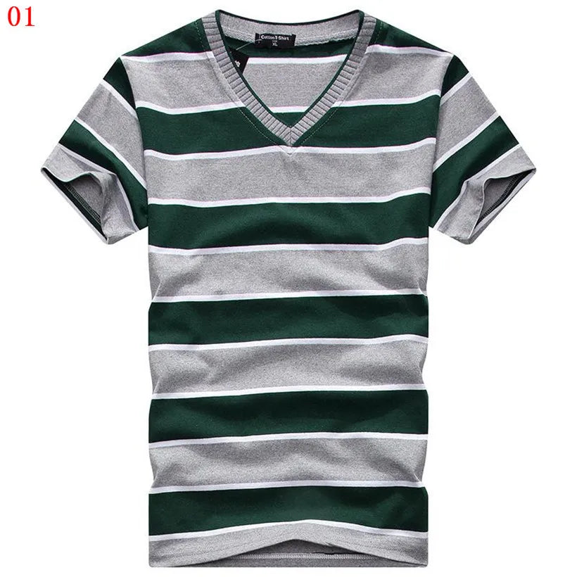 Male V-neck Tees Tops Men's Short Sleeve Tshirt Man Cotton Striped T Shirts Mens Clothing Multi Size