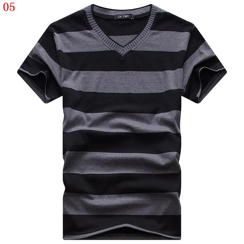 Male V-neck Tees Tops Men's Short Sleeve Tshirt Man Cotton Striped T Shirts Mens Clothing Multi Size