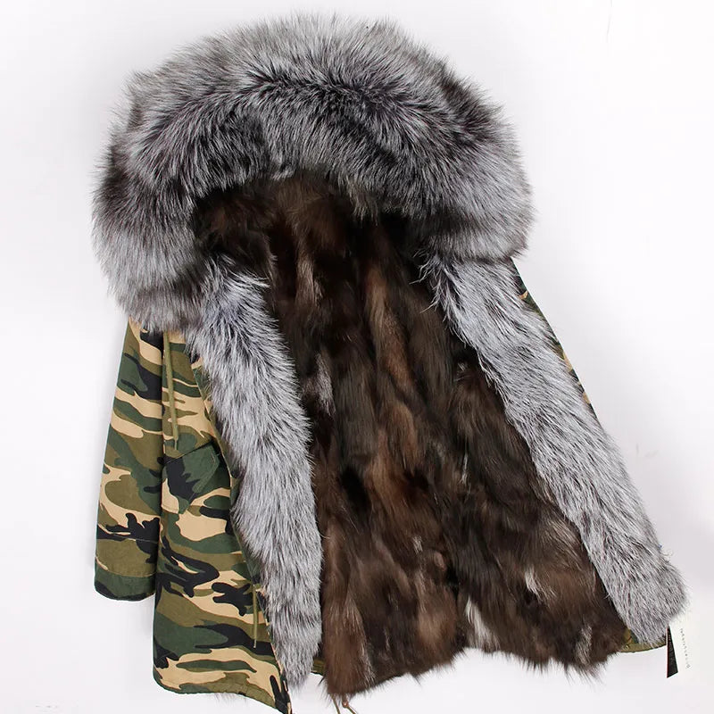 MAOMAOKONG Natural Fox Fur Liner Long Outerwear Winter Jacket Raccoon Fur Lining Big Real Fox Fur Collar Coat Parkas