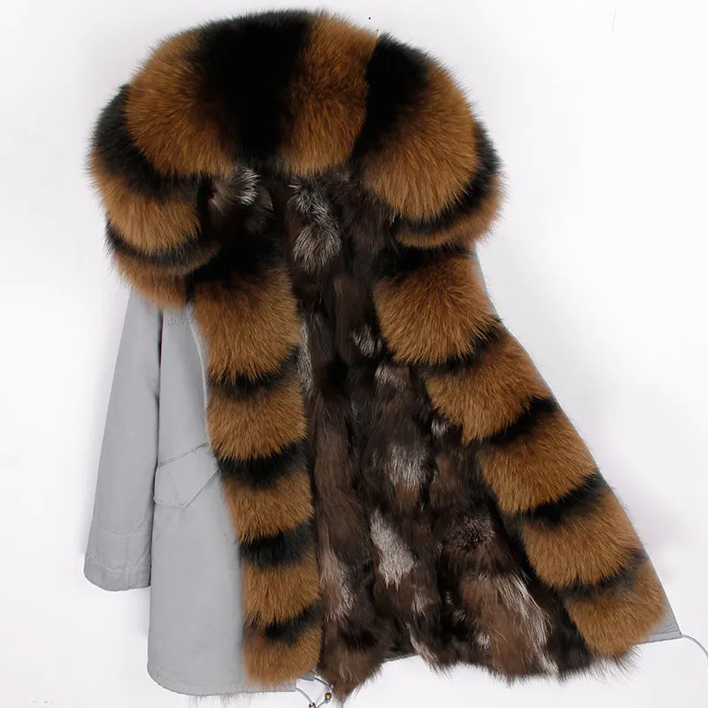 MAOMAOKONG Natural Fox Fur Liner Long Outerwear Winter Jacket Raccoon Fur Lining Big Real Fox Fur Collar Coat Parkas