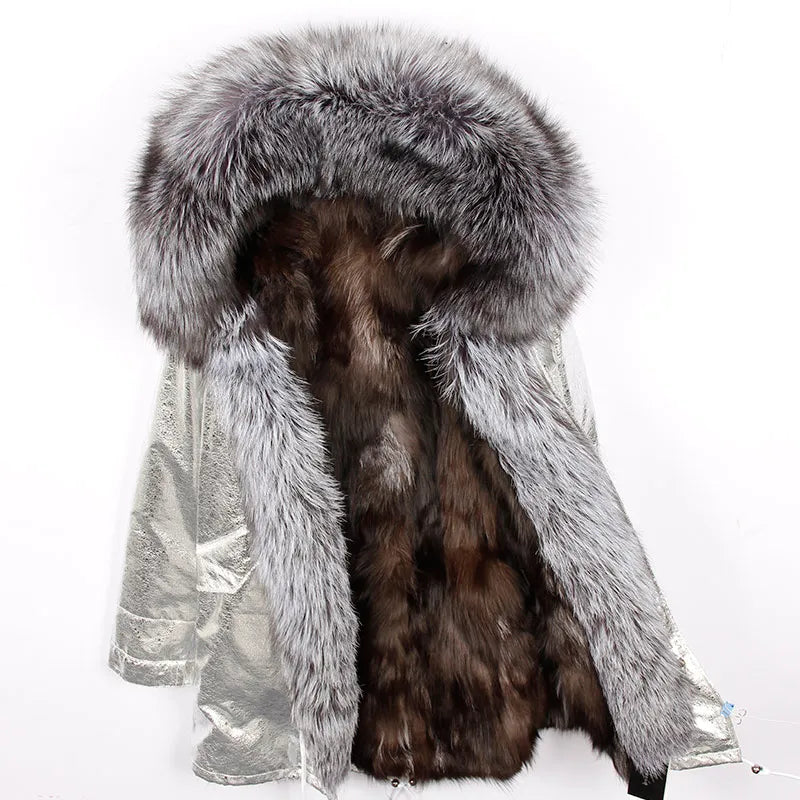 MAOMAOKONG Natural Fox Fur Liner Long Outerwear Winter Jacket Raccoon Fur Lining Big Real Fox Fur Collar Coat Parkas