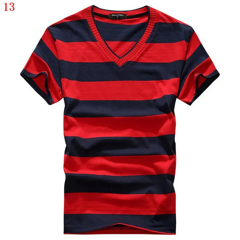 Male V-neck Tees Tops Men's Short Sleeve Tshirt Man Cotton Striped T Shirts Mens Clothing Multi Size