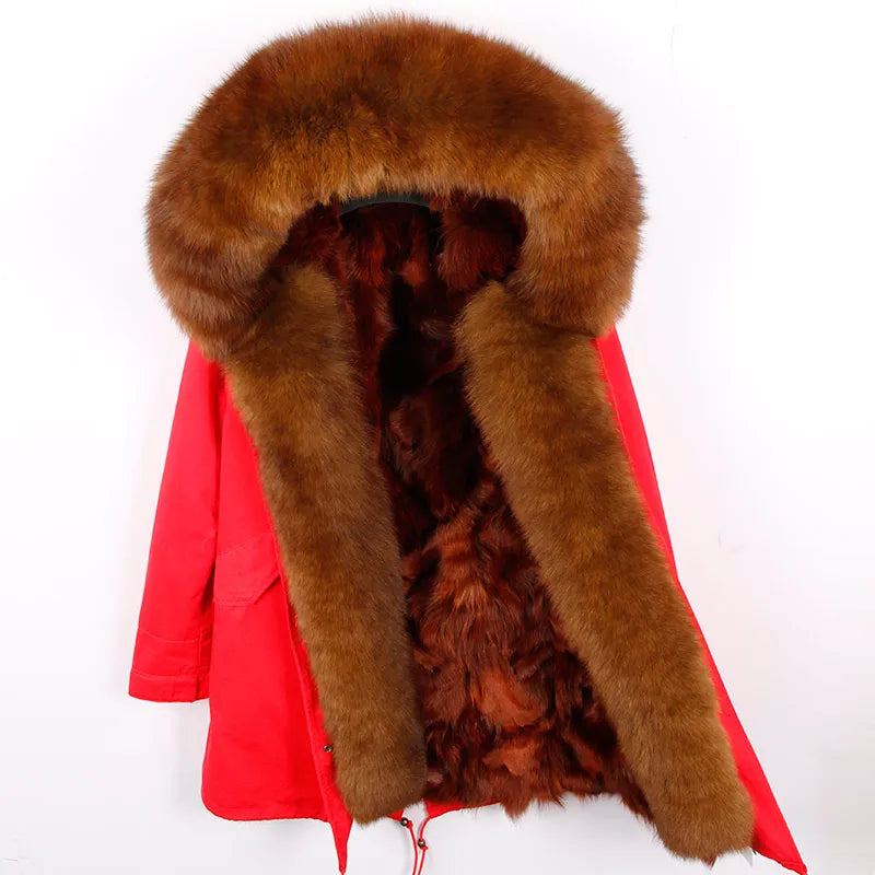 MAOMAOKONG Natural Fox Fur Liner Long Outerwear Winter Jacket Raccoon Fur Lining Big Real Fox Fur Collar Coat Parkas