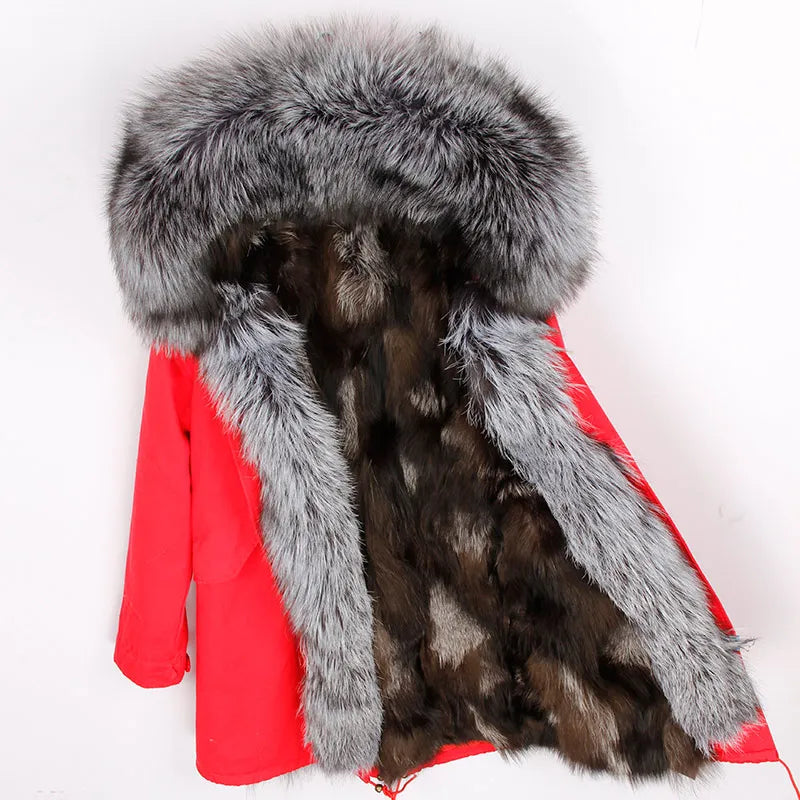 MAOMAOKONG Natural Fox Fur Liner Long Outerwear Winter Jacket Raccoon Fur Lining Big Real Fox Fur Collar Coat Parkas