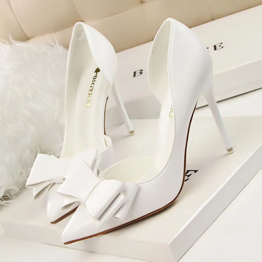 Korean Fashion Women's Shoes Wedding Bow High Heels Stiletto Heels Shallow Pointed Head Side Empty Thin Shoes