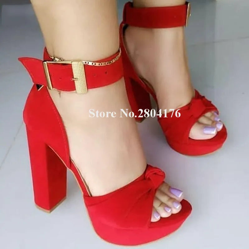 Fashion Women Open Toe Bowtie High Platform Chunky Heel Sandals Red Pink Suede Thick High Heel Sandals Big Size Club Shoes