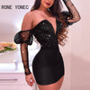 Women Sexy Deep V Neck Off Shoulder Lantern Sleeves Rhinestone Mini Bodycon Party Black Dresses