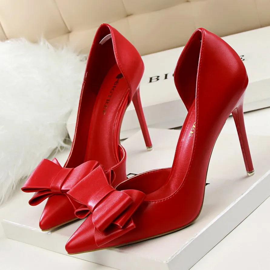 Korean Fashion Women's Shoes Wedding Bow High Heels Stiletto Heels Shallow Pointed Head Side Empty Thin Shoes