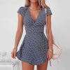 New In Floral Print Wrap Summer Dress Women 2025 Sundress Short Sleeve Sexy V Neck High Waist Slim Fit Short Mini Dresses Femme