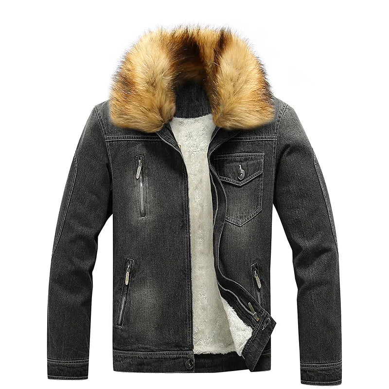 Men's Winter Jean Jacket Man's Outerwear Warm Denim Coat Mens Plus Size Thicker Fleece Lining Fur Collar Jacket for Couple MY211