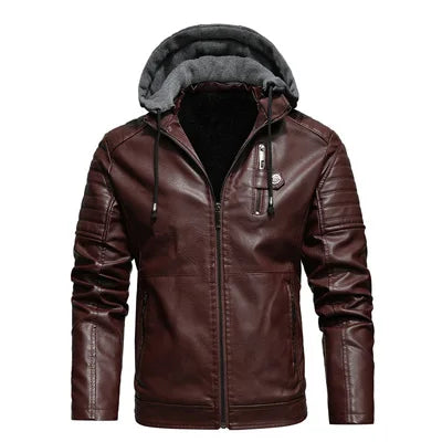 Maxulla Winter Men's Leather Jacket Mens Fleece Motorcycle Hooded Jackets Casual Outwear Thermal Leather Jackets Men Clothing