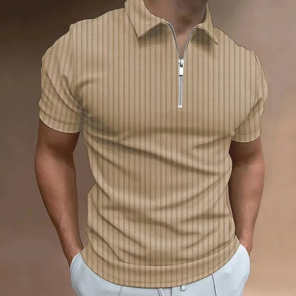 New Mens Fashion Polo Shirt Summer Stripe Zipper Mens Polo Shirt Solid Color T-shirt Brand Short Sleeve Shirt Casual SlimmingTop