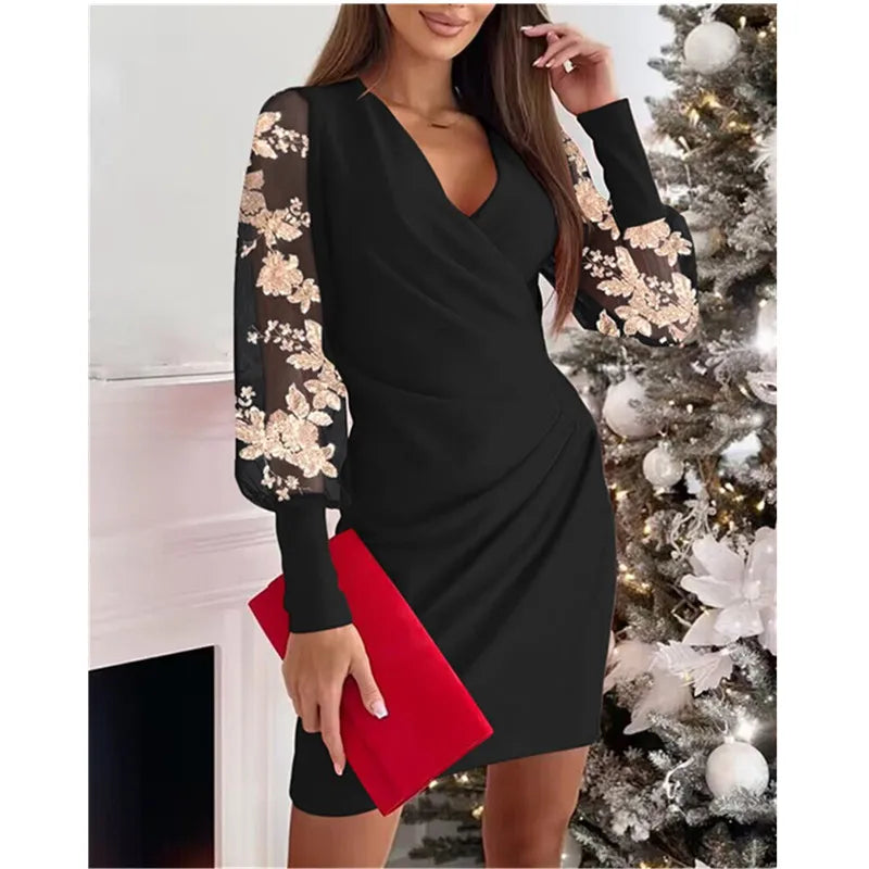 Autumn Winter Solid Color Flower Lace Long Sleeved V-neck Waist Hugging Dress Women's New Black Party Slim Mini Dress Vestidos