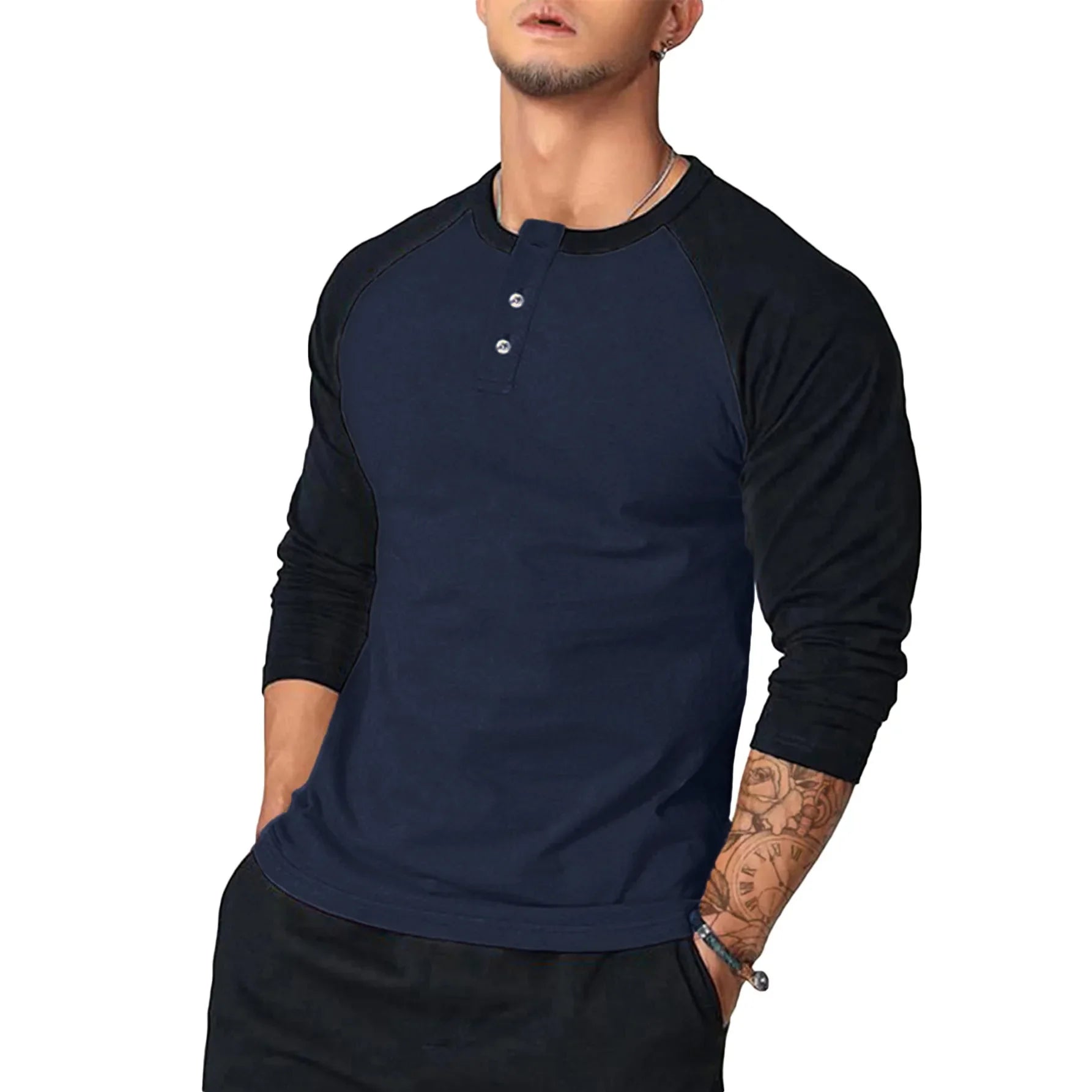 New Men's Casual T-shirt Men's Round Neck Slim Arm Color-blocked Long Sleeve T-shirt European and American Base Shirt