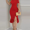 Fashion Autumn Winter  Solid Color Party Off Shoulder Dress Sexy Round Neck Out Sleeve Split Hip Skirt Elegant Slim Women Dress