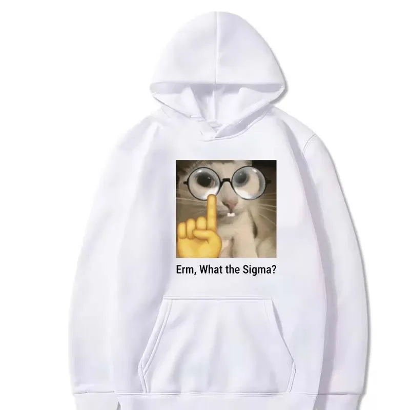 Erm, What Sigma? Funny Meme Sport Hoodie for Men Women Silly Cat Humor Printed Fashion Tops Fleece Sweatshirt Winter Hoodie