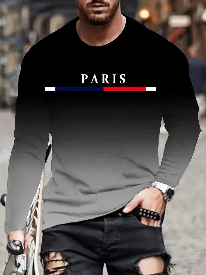 Men's gradient color Paris pattern printed T-shirt fashion casual long sleeved round neck outdoor sports T-shirt men's clothing