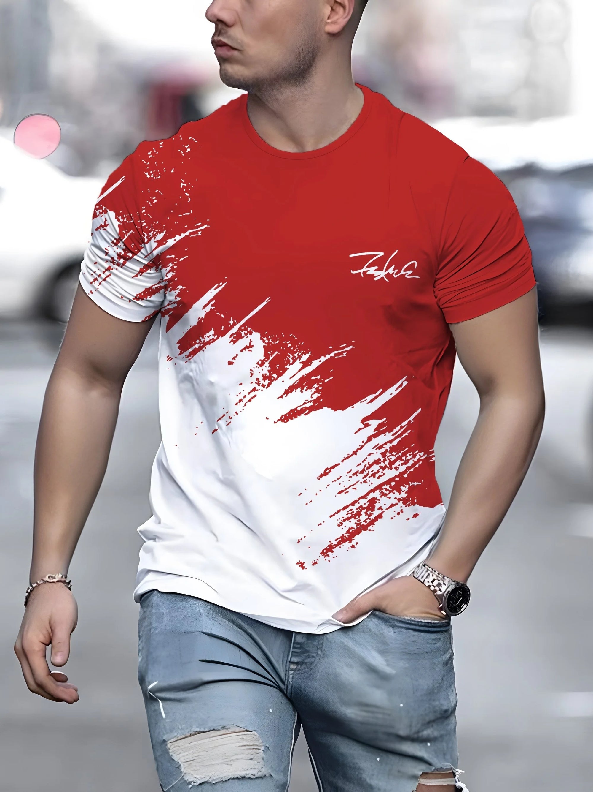 Casual Men's T-Shirt Gradient Printed Short Sleeve T-Shirt For Men 3d Text Pattern Tees Top Fashion Street Design Men's Clothing