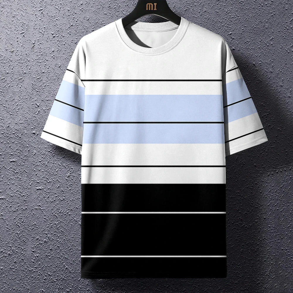 Summer Men's T-Shirt Stripe Print Crew Neck Pullover Business Casual Short Sleeve Tops Middle-Aged And Elderly Oversized Clothes