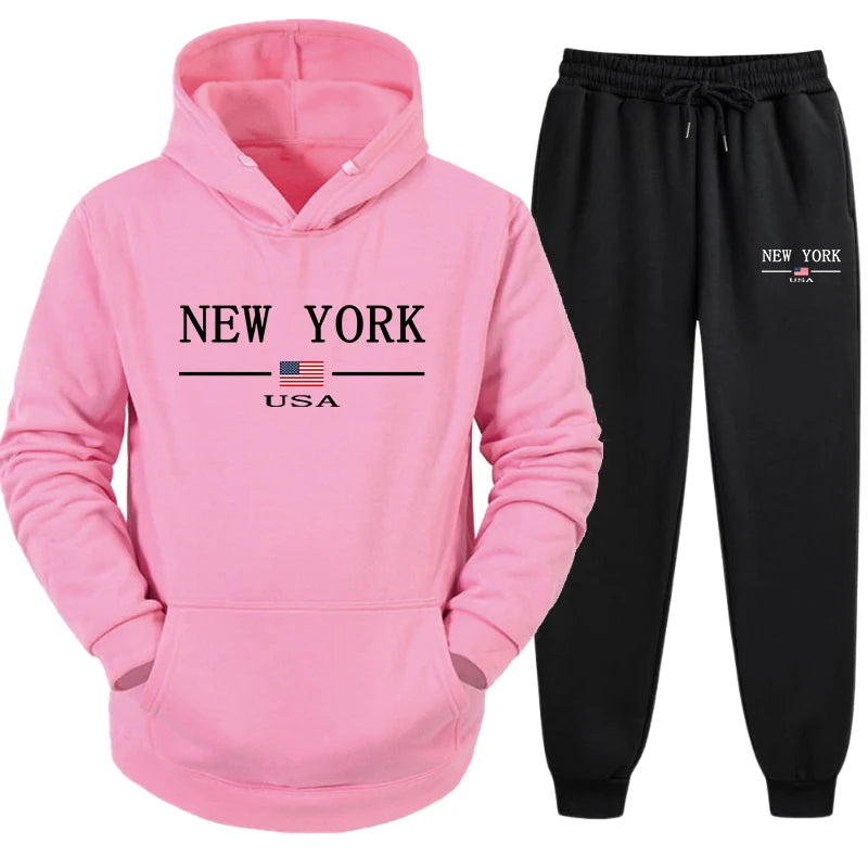 New Trend Mens Hooded Sweatshirts and Jogger Pants New York Printed Male Sportwear Classic Male Daily Casual Hoodies 2pcs Set