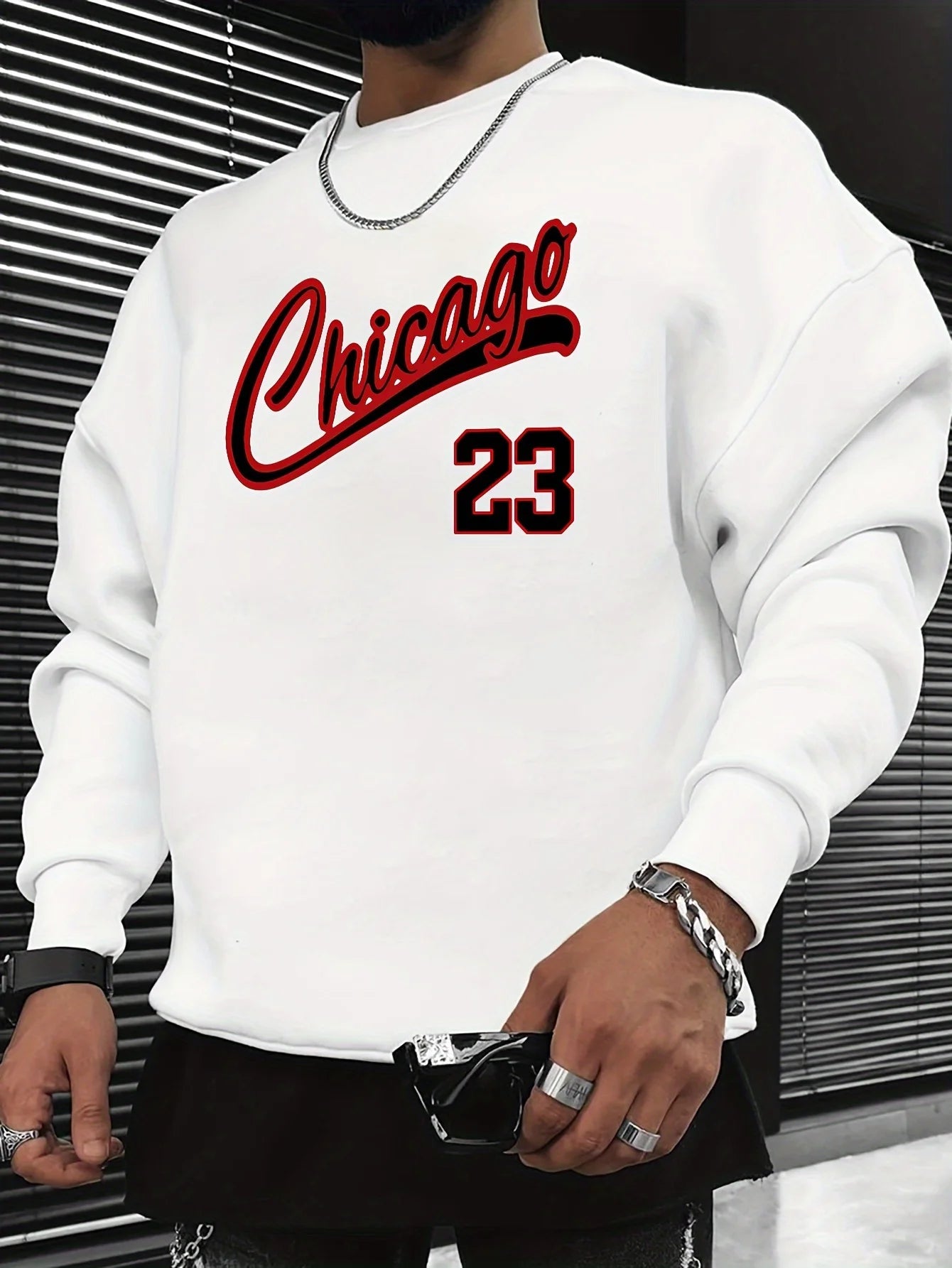 Chicago Print Men's Pullover Sweatshirt Casual Streetwear Fashion Long-sleeved Crew Neck Sweater A Basic Top for Sports Everyday