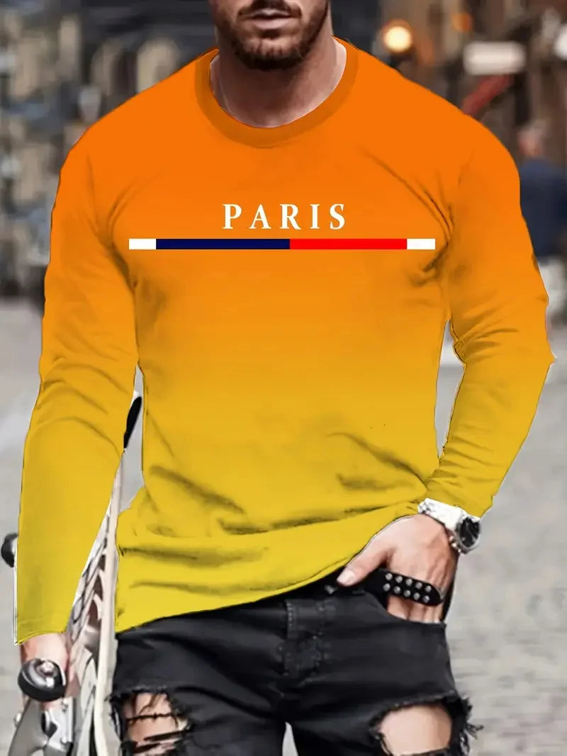 Men's gradient color Paris pattern printed T-shirt fashion casual long sleeved round neck outdoor sports T-shirt men's clothing