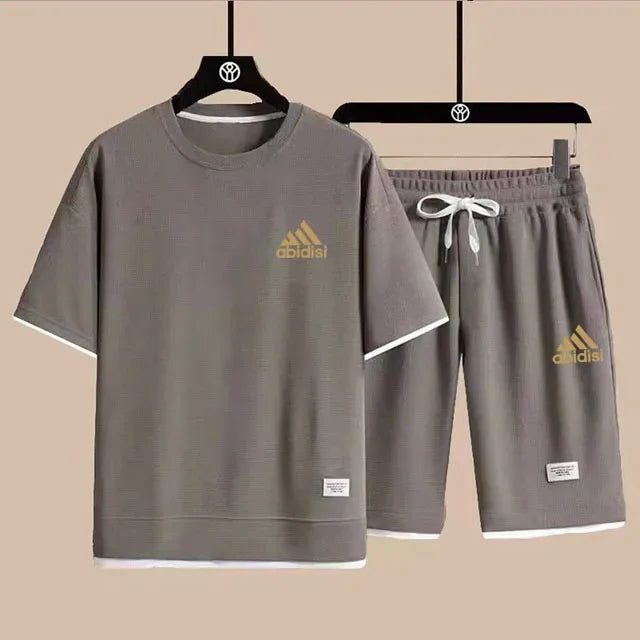 Summer Suit For Men Waffle Fabric Fashion Casual Clothing T-Shirt + Shorts Two Piece Set Male Sports Suit Short Sleeve Tracksuit